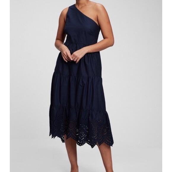 GAP Dresses & Skirts - GAP One Shoulder Tiered Eyelet Midi Dress Navy Blue Size L